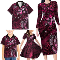 Hawaii Makahiki Season Family Matching Long Sleeve Bodycon Dress and Hawaiian Shirt Floral Tribal Tattoo Pink Galaxy LT05 - Polynesian Pride