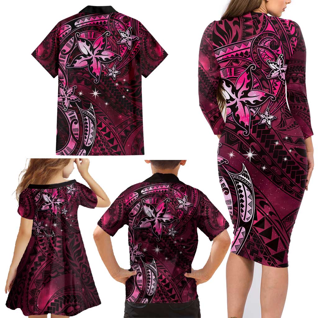Hawaii Makahiki Season Family Matching Long Sleeve Bodycon Dress and Hawaiian Shirt Floral Tribal Tattoo Pink Galaxy LT05 - Polynesian Pride