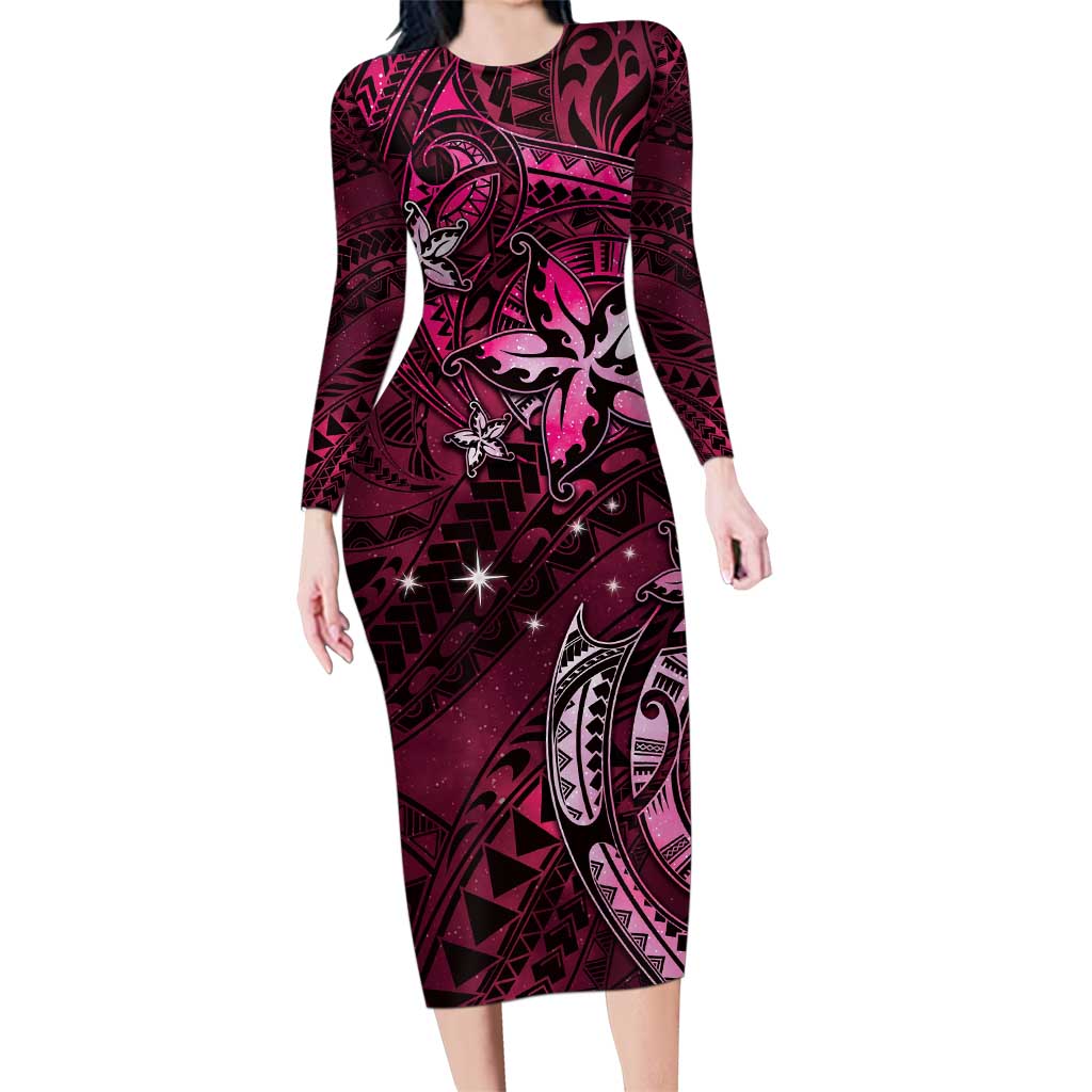 Hawaii Makahiki Season Family Matching Long Sleeve Bodycon Dress and Hawaiian Shirt Floral Tribal Tattoo Pink Galaxy LT05 Mom's Dress Pink - Polynesian Pride