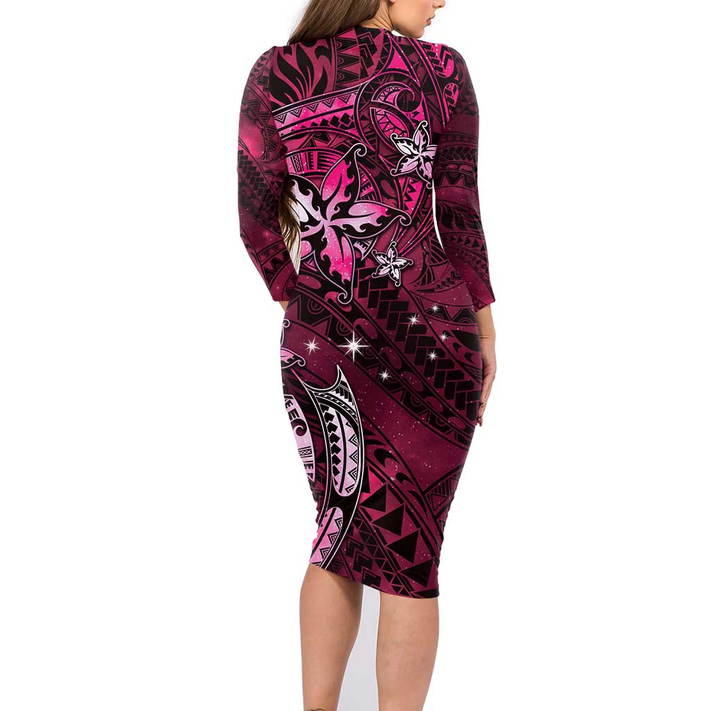 Hawaii Makahiki Season Family Matching Long Sleeve Bodycon Dress and Hawaiian Shirt Floral Tribal Tattoo Pink Galaxy LT05 - Polynesian Pride