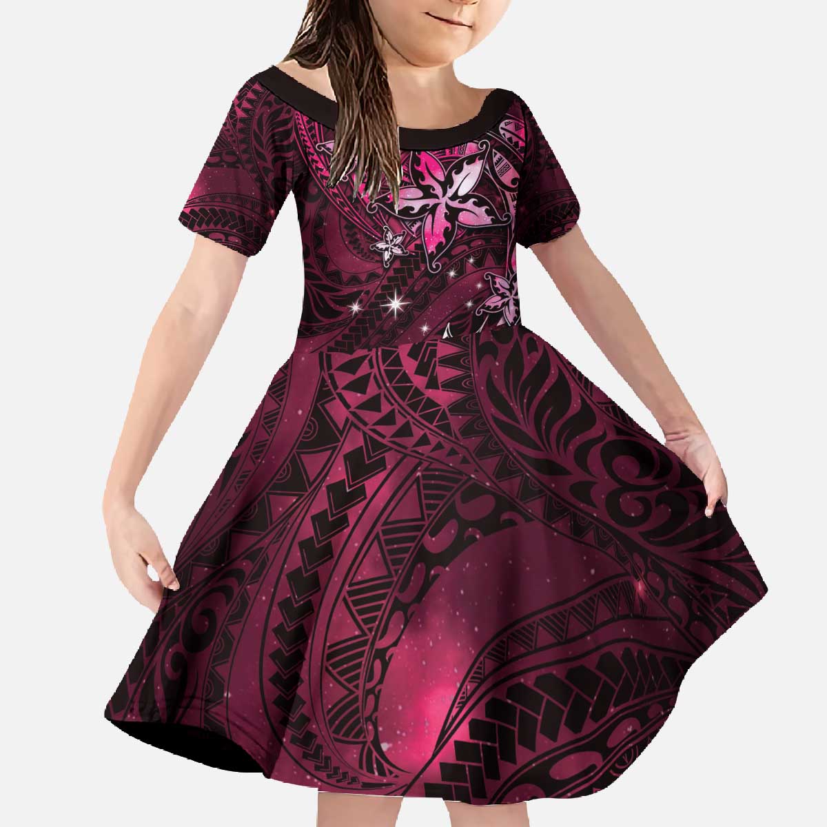 Hawaii Makahiki Season Family Matching Off The Shoulder Long Sleeve Dress and Hawaiian Shirt Floral Tribal Tattoo Pink Galaxy LT05 Daughter's Dress Pink - Polynesian Pride