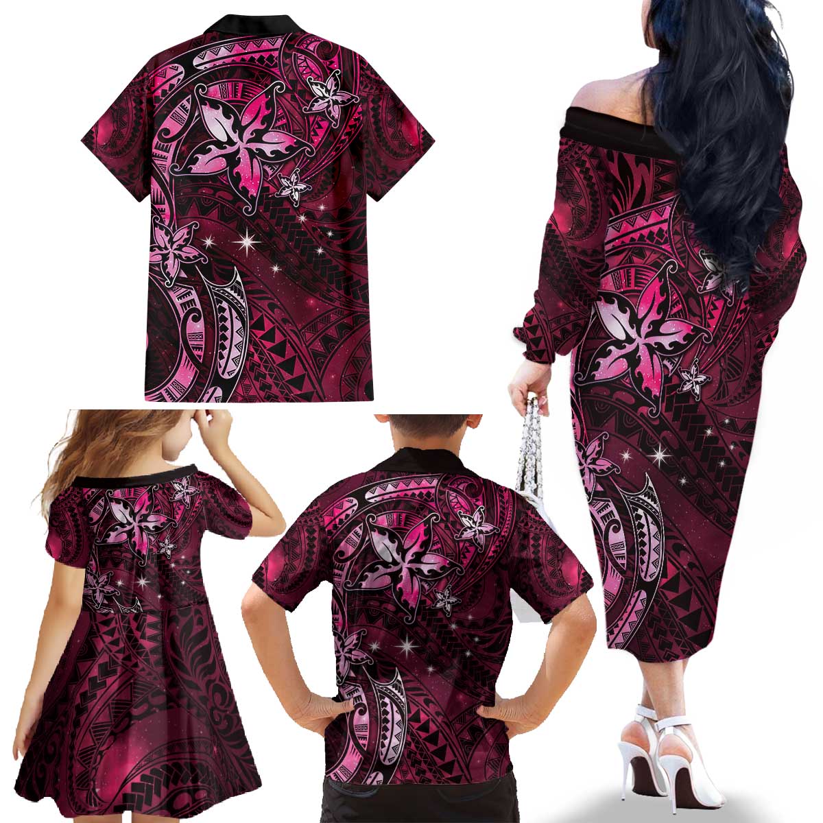 Hawaii Makahiki Season Family Matching Off The Shoulder Long Sleeve Dress and Hawaiian Shirt Floral Tribal Tattoo Pink Galaxy LT05 - Polynesian Pride