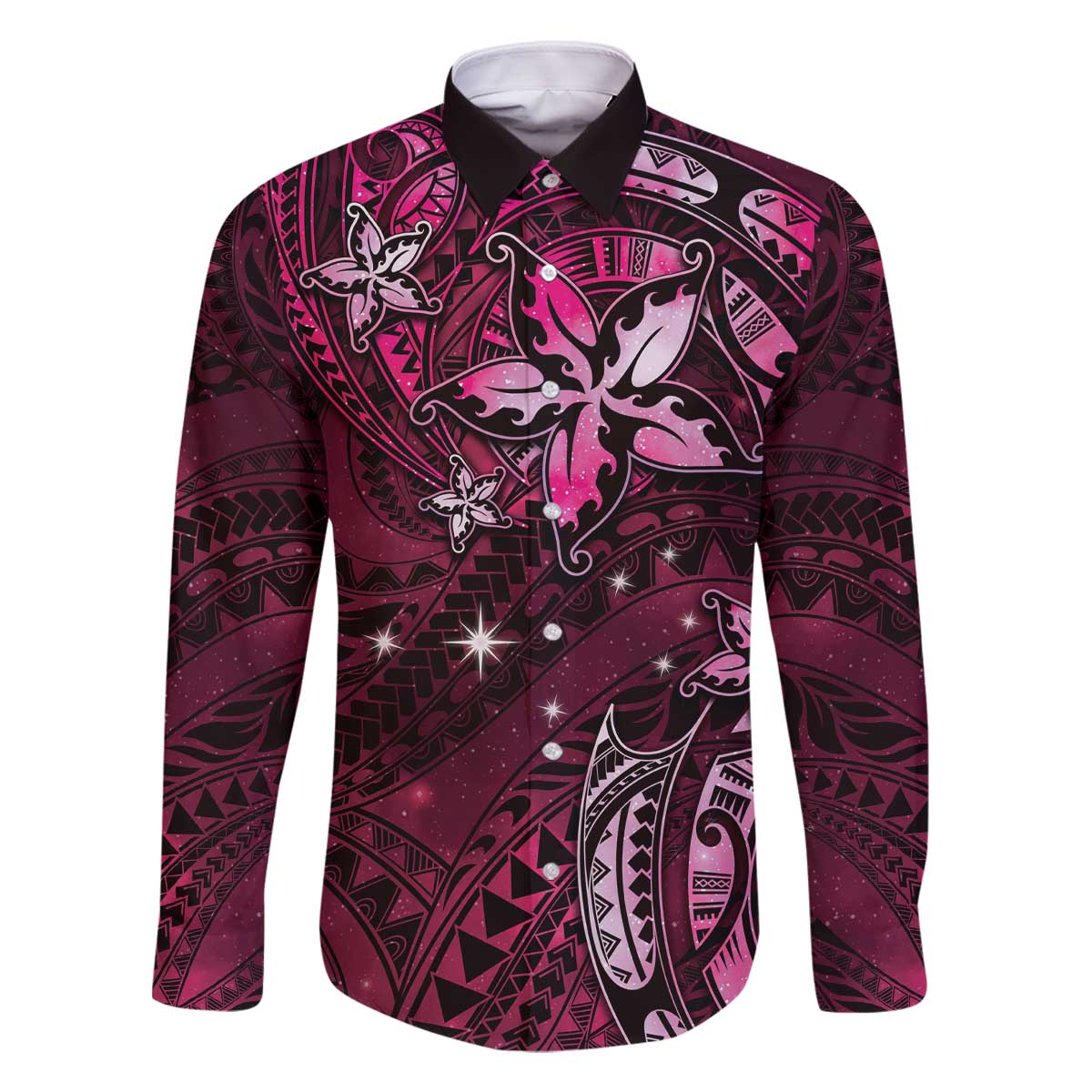 Hawaii Makahiki Season Family Matching Off The Shoulder Long Sleeve Dress and Hawaiian Shirt Floral Tribal Tattoo Pink Galaxy LT05 Dad's Shirt - Long Sleeve Pink - Polynesian Pride