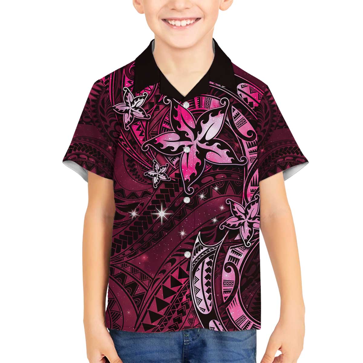 Hawaii Makahiki Season Family Matching Off The Shoulder Long Sleeve Dress and Hawaiian Shirt Floral Tribal Tattoo Pink Galaxy LT05 Son's Shirt Pink - Polynesian Pride