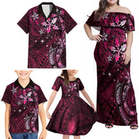 Hawaii Makahiki Season Family Matching Off Shoulder Maxi Dress and Hawaiian Shirt Floral Tribal Tattoo Pink Galaxy LT05 - Polynesian Pride