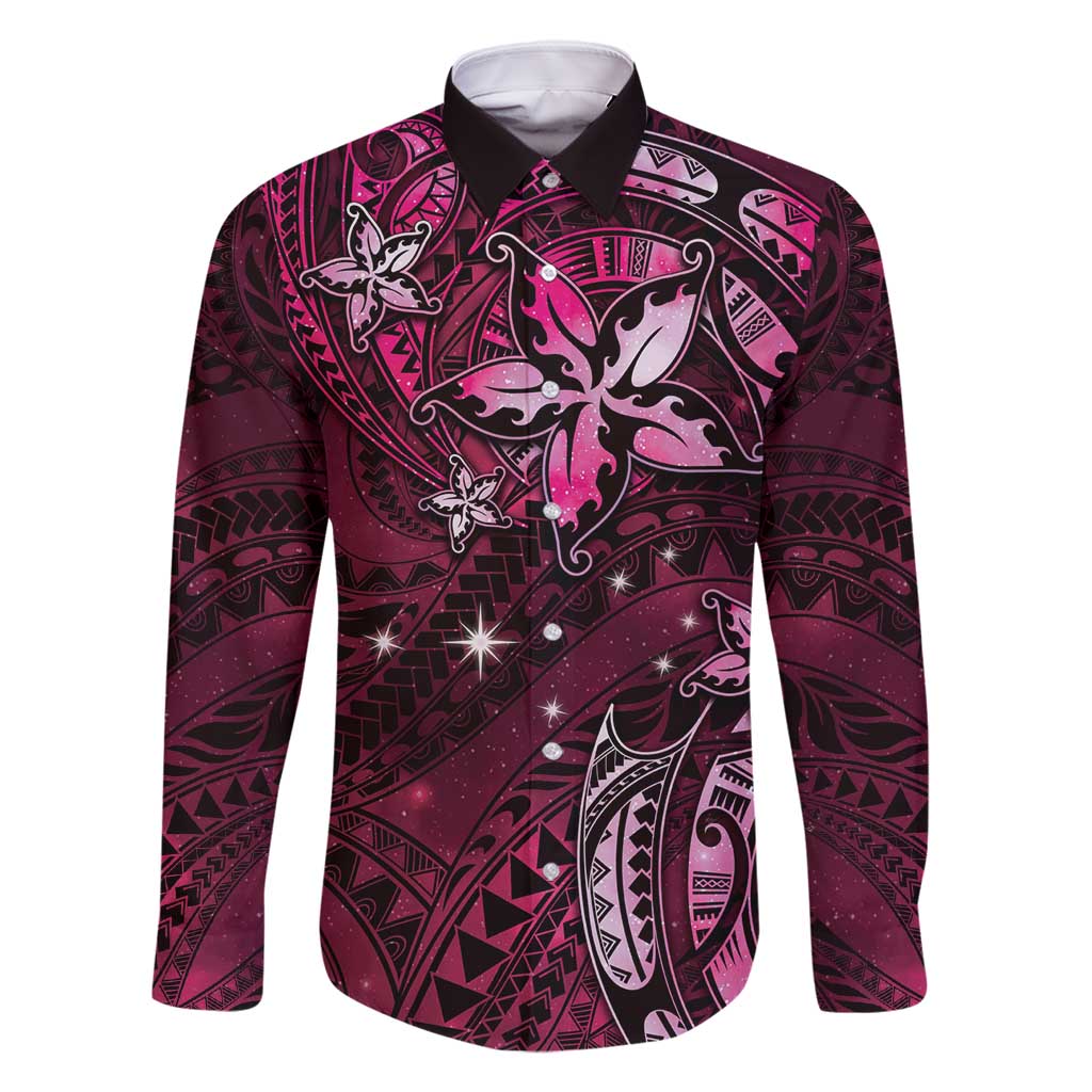 Hawaii Makahiki Season Family Matching Off Shoulder Maxi Dress and Hawaiian Shirt Floral Tribal Tattoo Pink Galaxy LT05 Dad's Shirt - Long Sleeve Pink - Polynesian Pride