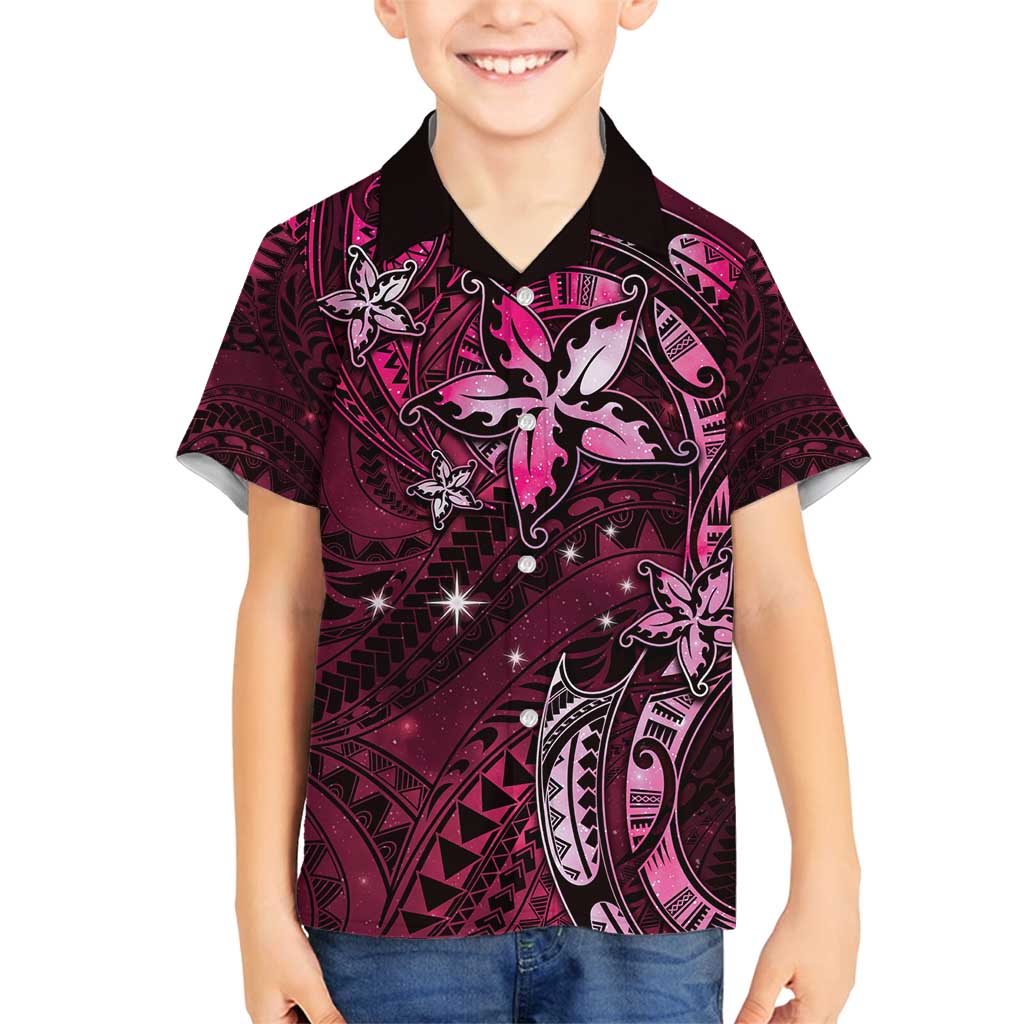 Hawaii Makahiki Season Family Matching Off Shoulder Maxi Dress and Hawaiian Shirt Floral Tribal Tattoo Pink Galaxy LT05 Son's Shirt Pink - Polynesian Pride