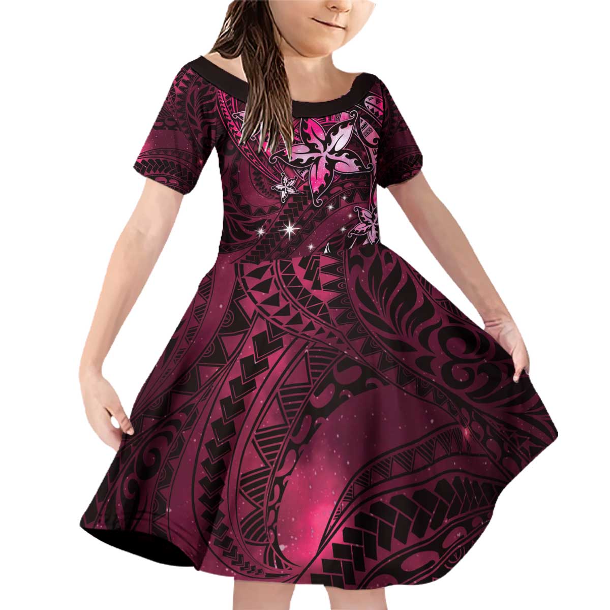 Hawaii Makahiki Season Family Matching Off Shoulder Short Dress and Hawaiian Shirt Floral Tribal Tattoo Pink Galaxy LT05 Daughter's Dress Pink - Polynesian Pride