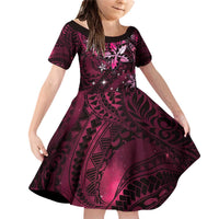 Hawaii Makahiki Season Family Matching Off Shoulder Short Dress and Hawaiian Shirt Floral Tribal Tattoo Pink Galaxy LT05 Daughter's Dress Pink - Polynesian Pride