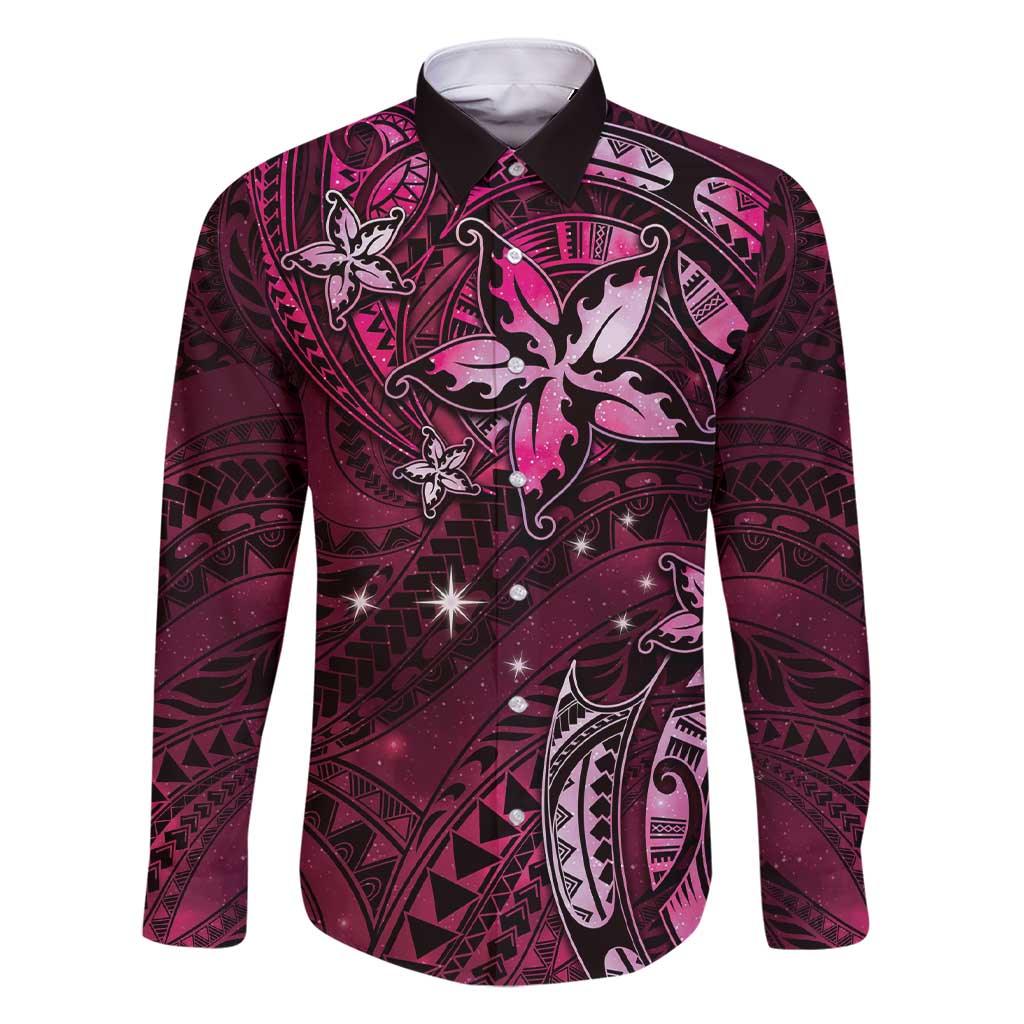 Hawaii Makahiki Season Family Matching Short Sleeve Bodycon Dress and Hawaiian Shirt Floral Tribal Tattoo Pink Galaxy LT05 Dad's Shirt - Long Sleeve Pink - Polynesian Pride