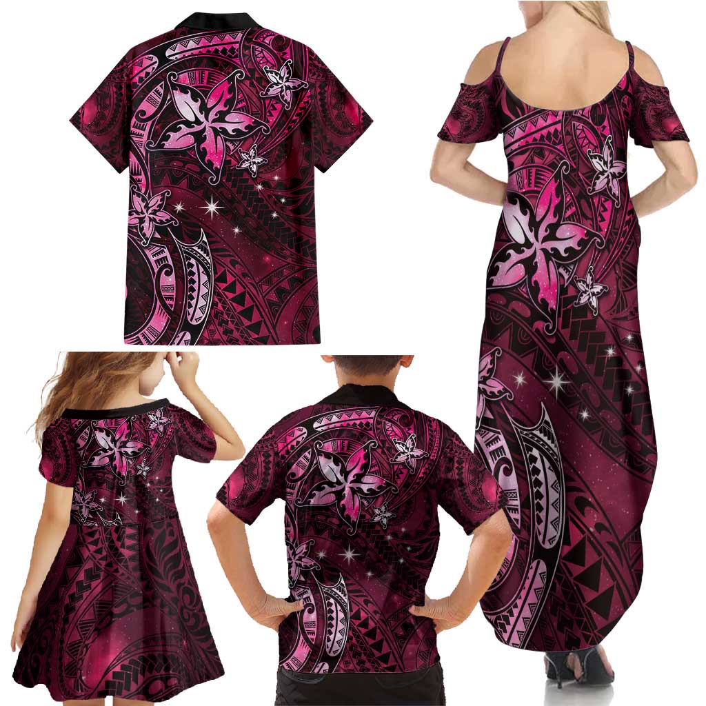 Hawaii Makahiki Season Family Matching Summer Maxi Dress and Hawaiian Shirt Floral Tribal Tattoo Pink Galaxy LT05 - Polynesian Pride