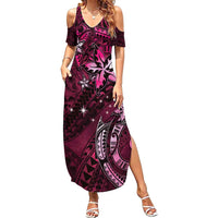 Hawaii Makahiki Season Family Matching Summer Maxi Dress and Hawaiian Shirt Floral Tribal Tattoo Pink Galaxy LT05 Mom's Dress Pink - Polynesian Pride