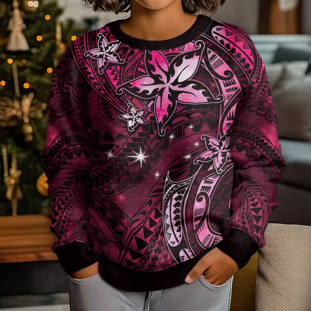 Hawaii Makahiki Season Kid Ugly Christmas Sweater Floral Tribal Tattoo Pink Galaxy LT05 - Polynesian Pride