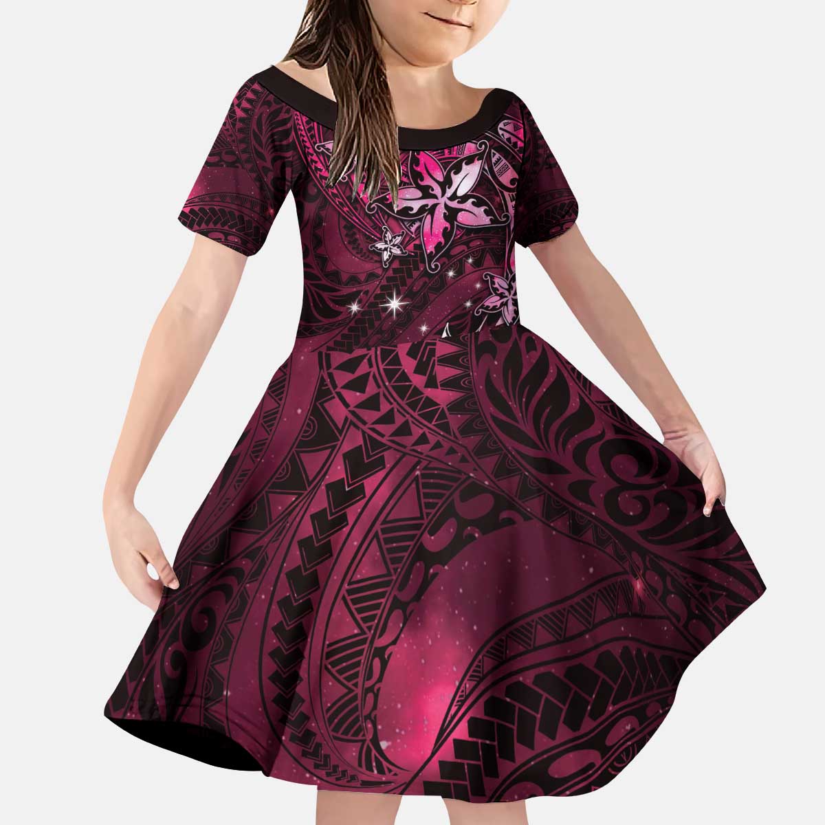 Hawaii Makahiki Season Kid Short Sleeve Dress Floral Tribal Tattoo Pink Galaxy