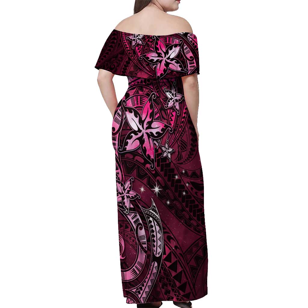 Hawaii Makahiki Season Off Shoulder Maxi Dress Floral Tribal Tattoo Pink Galaxy LT05 - Polynesian Pride