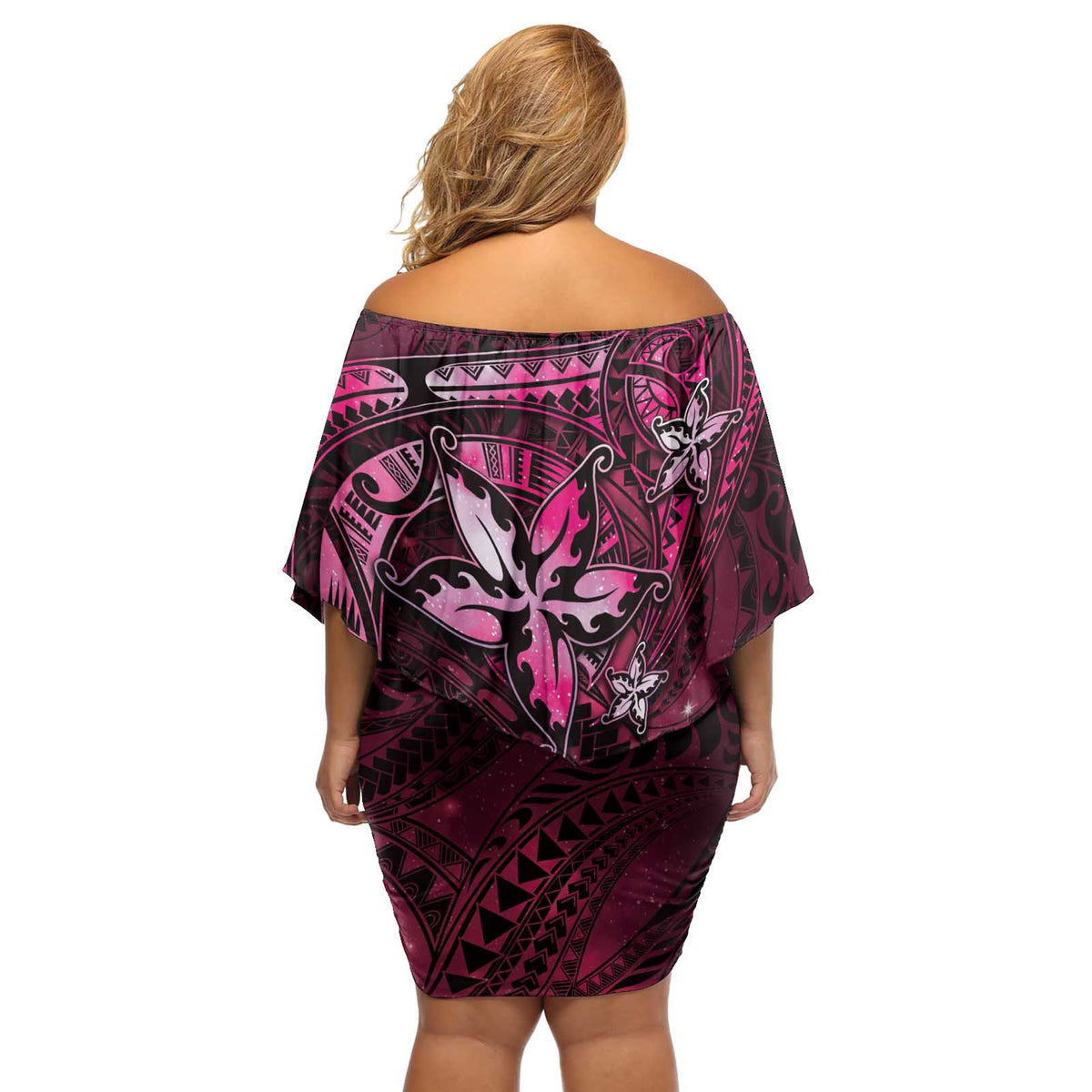 Hawaii Makahiki Season Off Shoulder Short Dress Floral Tribal Tattoo Pink Galaxy LT05 - Polynesian Pride