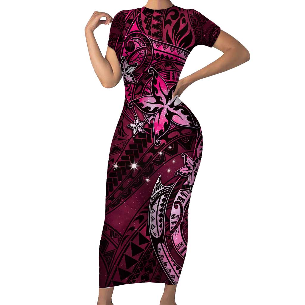 Hawaii Makahiki Season Short Sleeve Bodycon Dress Floral Tribal Tattoo Pink Galaxy LT05 Long Dress Pink - Polynesian Pride