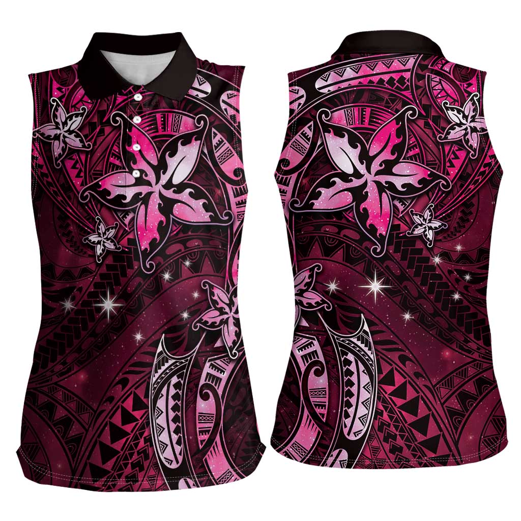 Hawaii Makahiki Season Women Sleeveless Polo Shirt Floral Tribal Tattoo Pink Galaxy LT05 - Polynesian Pride