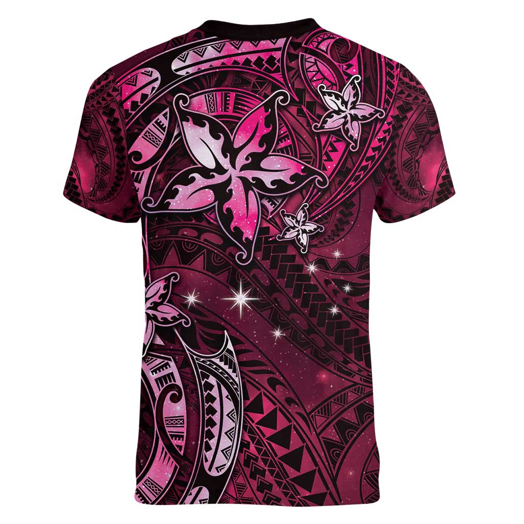 Hawaii Makahiki Season Women V-Neck T-Shirt Floral Tribal Tattoo Pink Galaxy LT05 - Polynesian Pride