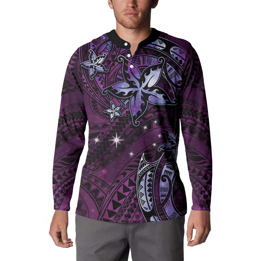 Hawaii Makahiki Season Button Sweatshirt Floral Tribal Tattoo Purple Galaxy