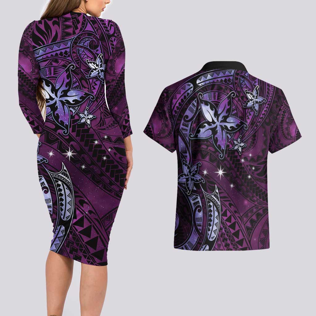 Hawaii Makahiki Season Couples Matching Long Sleeve Bodycon Dress and Hawaiian Shirt Floral Tribal Tattoo Purple Galaxy LT05 - Polynesian Pride