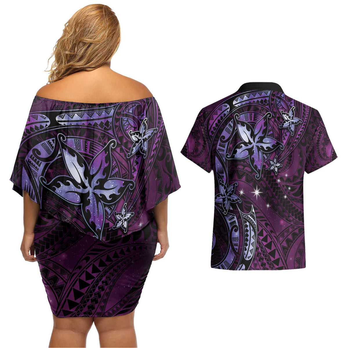Hawaii Makahiki Season Couples Matching Off Shoulder Short Dress and Hawaiian Shirt Floral Tribal Tattoo Purple Galaxy