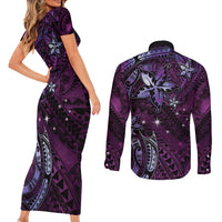 Hawaii Makahiki Season Couples Matching Short Sleeve Bodycon Dress and Long Sleeve Button Shirt Floral Tribal Tattoo Purple Galaxy