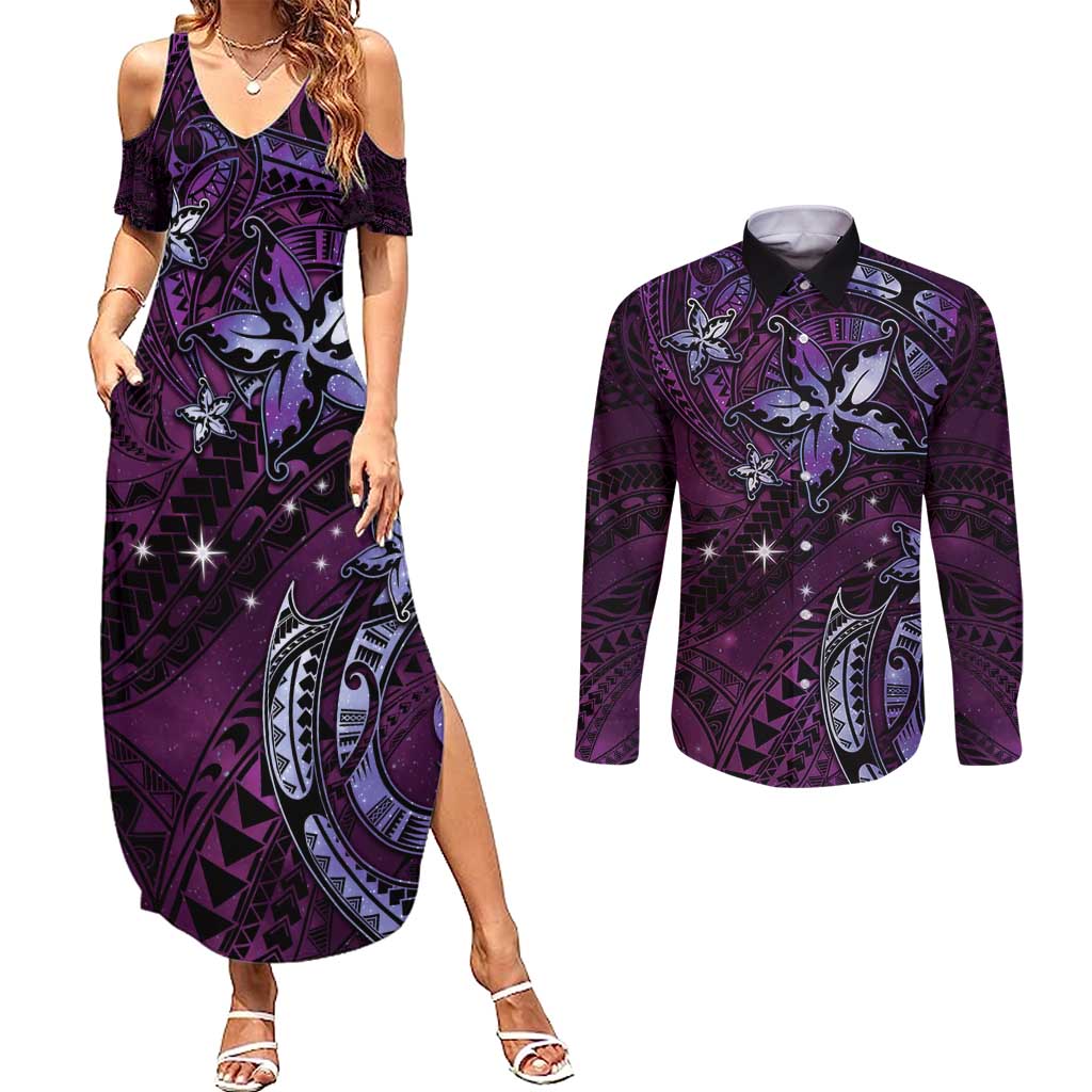 Hawaii Makahiki Season Couples Matching Summer Maxi Dress and Long Sleeve Button Shirt Floral Tribal Tattoo Purple Galaxy