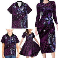 Hawaii Makahiki Season Family Matching Long Sleeve Bodycon Dress and Hawaiian Shirt Floral Tribal Tattoo Purple Galaxy LT05 - Polynesian Pride
