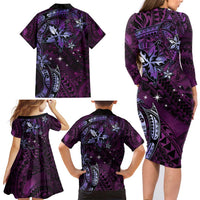 Hawaii Makahiki Season Family Matching Long Sleeve Bodycon Dress and Hawaiian Shirt Floral Tribal Tattoo Purple Galaxy LT05 - Polynesian Pride