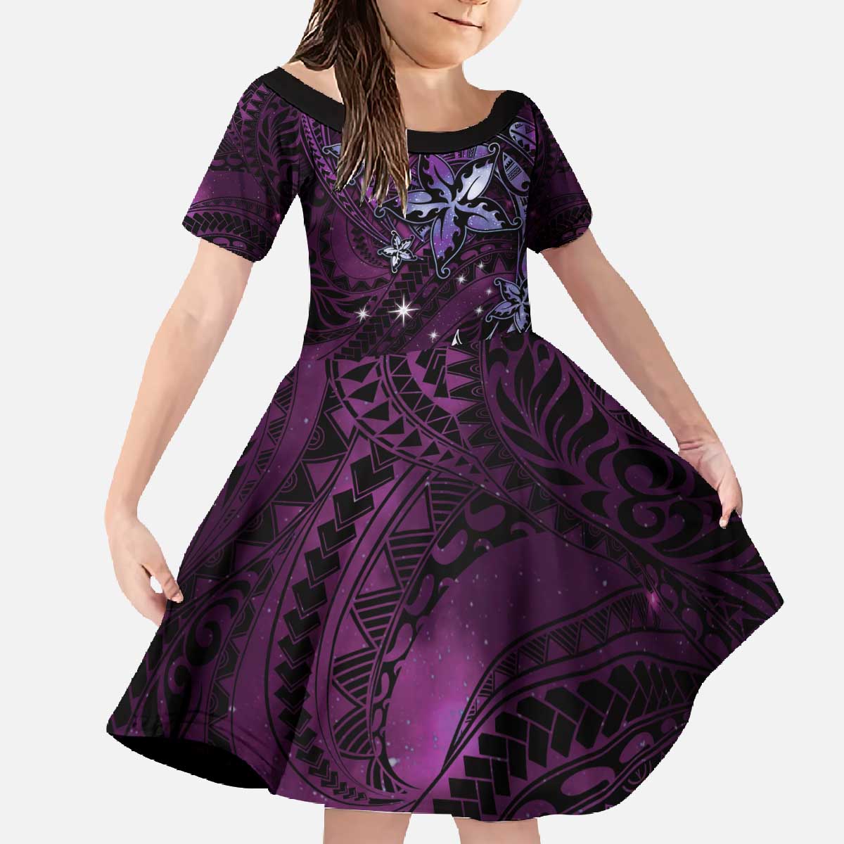 Hawaii Makahiki Season Family Matching Off The Shoulder Long Sleeve Dress and Hawaiian Shirt Floral Tribal Tattoo Purple Galaxy LT05 Daughter's Dress Purple - Polynesian Pride