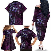 Hawaii Makahiki Season Family Matching Off The Shoulder Long Sleeve Dress and Hawaiian Shirt Floral Tribal Tattoo Purple Galaxy LT05 - Polynesian Pride