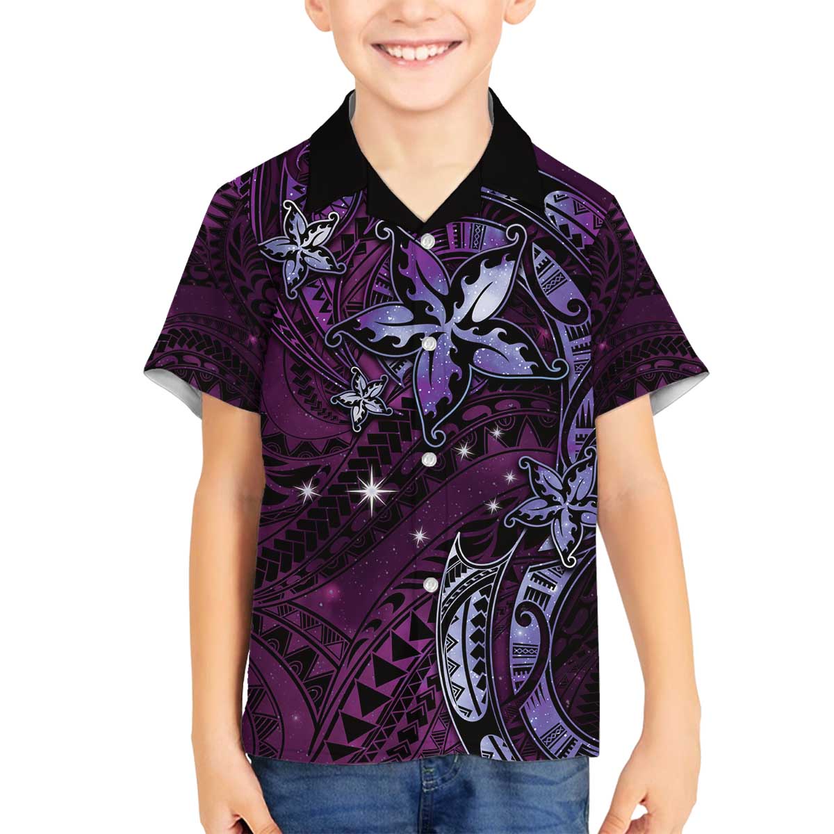 Hawaii Makahiki Season Family Matching Off The Shoulder Long Sleeve Dress and Hawaiian Shirt Floral Tribal Tattoo Purple Galaxy LT05 Son's Shirt Purple - Polynesian Pride