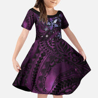 Hawaii Makahiki Season Family Matching Off Shoulder Maxi Dress and Hawaiian Shirt Floral Tribal Tattoo Purple Galaxy LT05 Daughter's Dress Purple - Polynesian Pride