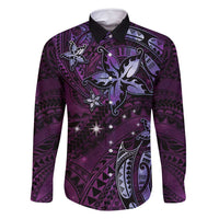 Hawaii Makahiki Season Family Matching Off Shoulder Maxi Dress and Hawaiian Shirt Floral Tribal Tattoo Purple Galaxy LT05 Dad's Shirt - Long Sleeve Purple - Polynesian Pride
