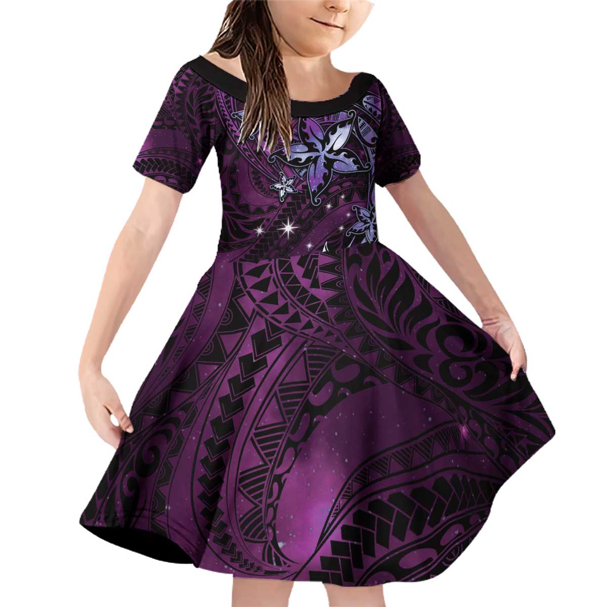 Hawaii Makahiki Season Family Matching Off Shoulder Short Dress and Hawaiian Shirt Floral Tribal Tattoo Purple Galaxy LT05 Daughter's Dress Purple - Polynesian Pride
