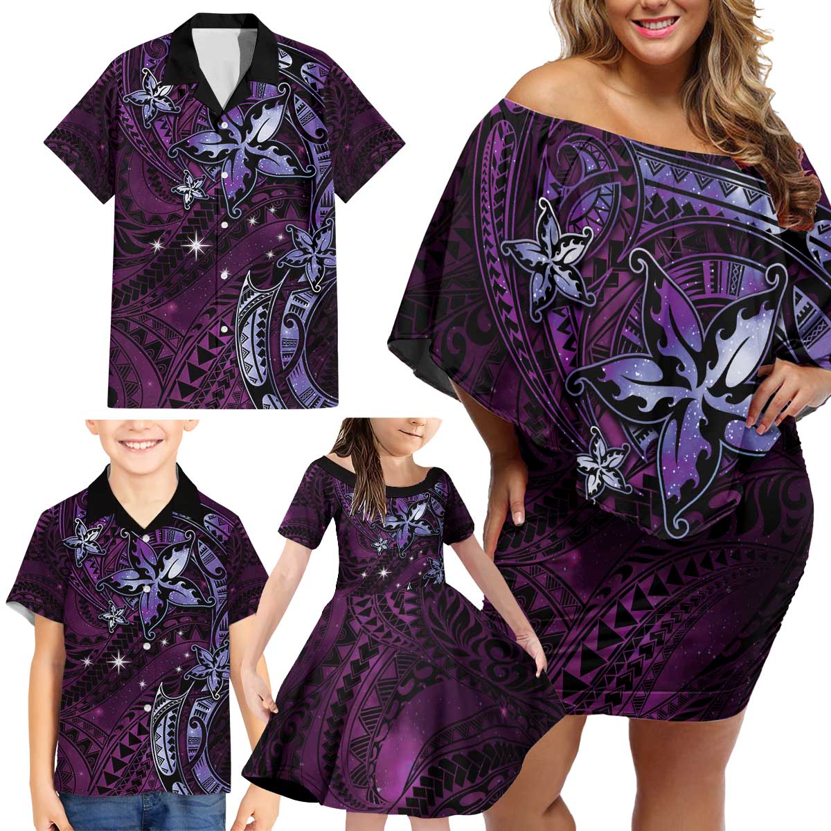Hawaii Makahiki Season Family Matching Off Shoulder Short Dress and Hawaiian Shirt Floral Tribal Tattoo Purple Galaxy LT05 - Polynesian Pride