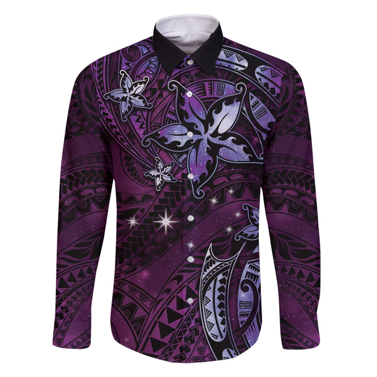 Hawaii Makahiki Season Family Matching Off Shoulder Short Dress and Hawaiian Shirt Floral Tribal Tattoo Purple Galaxy LT05 Dad's Shirt - Long Sleeve Purple - Polynesian Pride