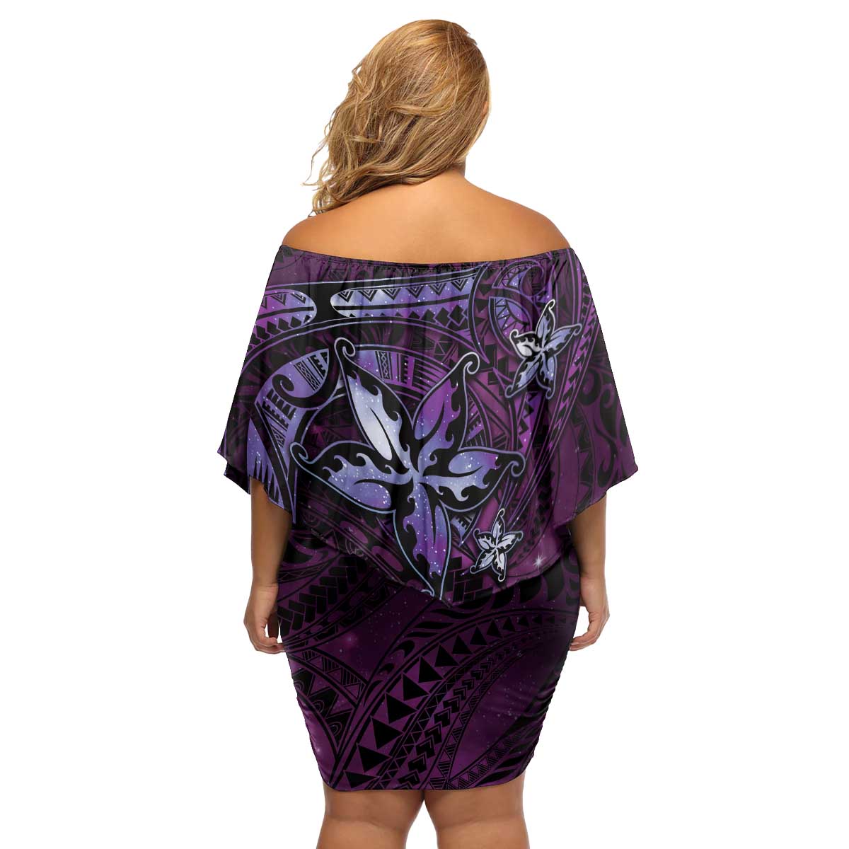 Hawaii Makahiki Season Family Matching Off Shoulder Short Dress and Hawaiian Shirt Floral Tribal Tattoo Purple Galaxy LT05 - Polynesian Pride