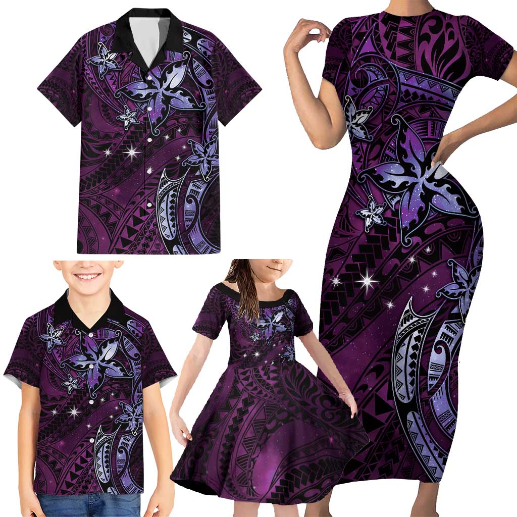 Hawaii Makahiki Season Family Matching Short Sleeve Bodycon Dress and Hawaiian Shirt Floral Tribal Tattoo Purple Galaxy LT05 - Polynesian Pride