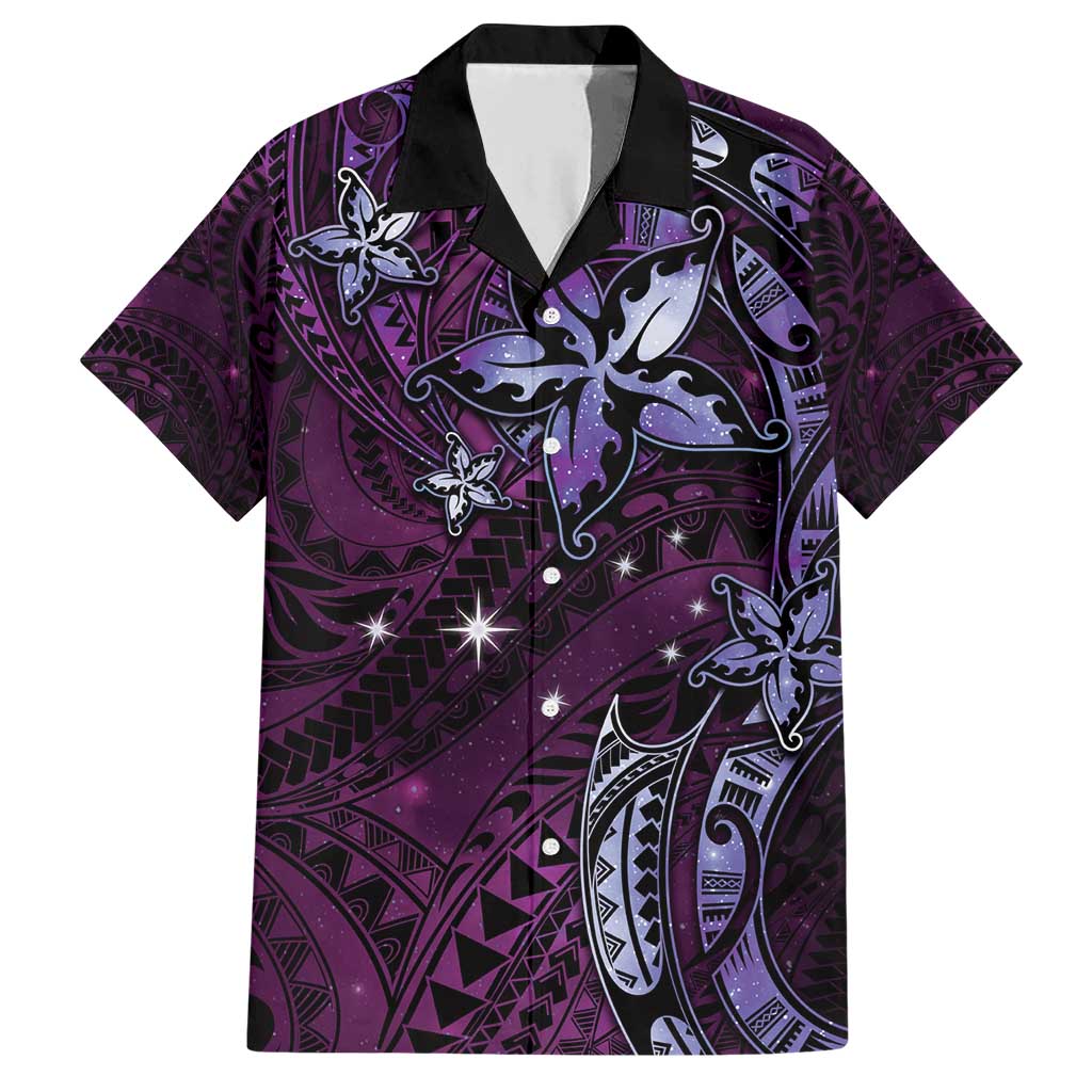 Hawaii Makahiki Season Family Matching Short Sleeve Bodycon Dress and Hawaiian Shirt Floral Tribal Tattoo Purple Galaxy LT05 Dad's Shirt - Short Sleeve Purple - Polynesian Pride