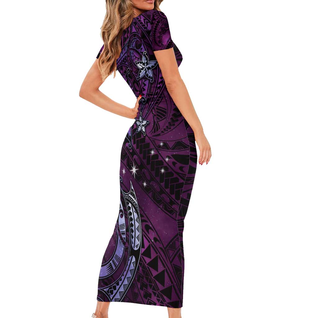 Hawaii Makahiki Season Family Matching Short Sleeve Bodycon Dress and Hawaiian Shirt Floral Tribal Tattoo Purple Galaxy LT05 - Polynesian Pride
