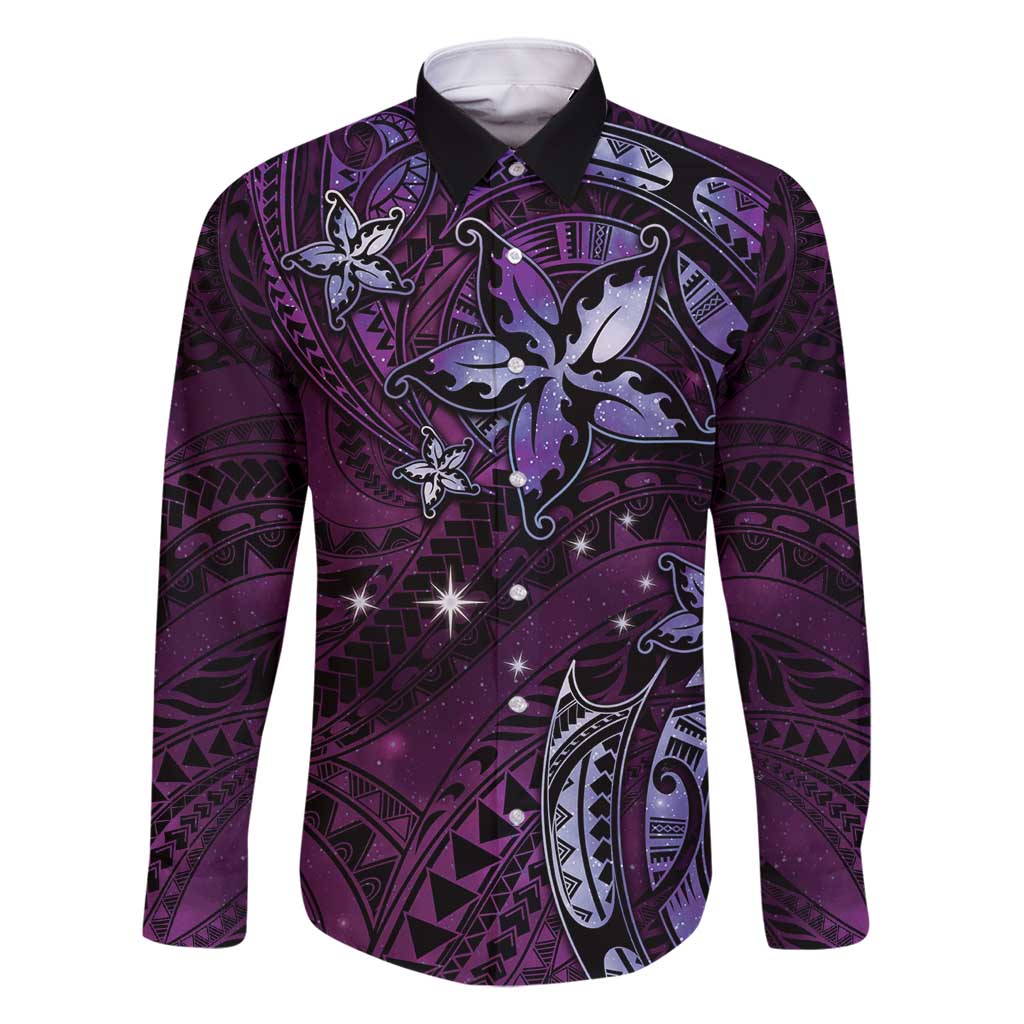 Hawaii Makahiki Season Family Matching Summer Maxi Dress and Hawaiian Shirt Floral Tribal Tattoo Purple Galaxy LT05 Dad's Shirt - Long Sleeve Purple - Polynesian Pride