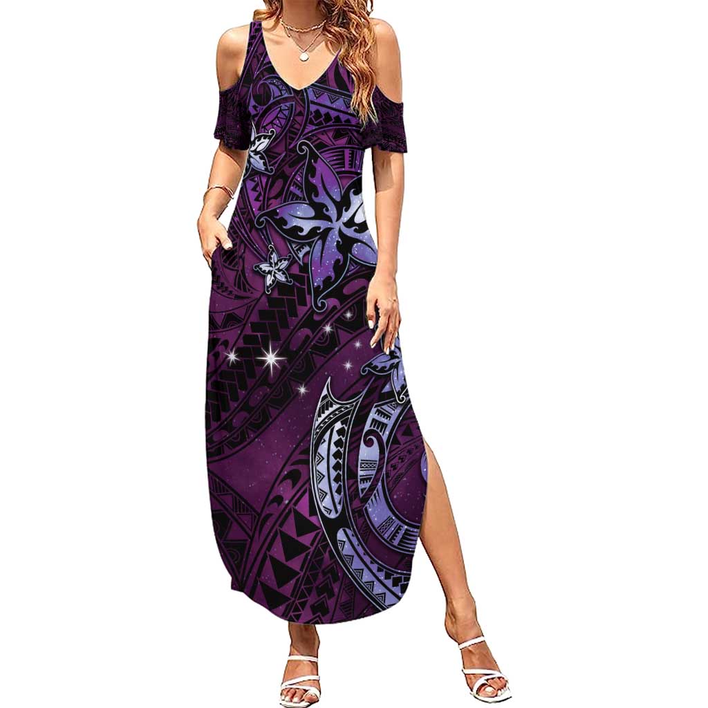 Hawaii Makahiki Season Family Matching Summer Maxi Dress and Hawaiian Shirt Floral Tribal Tattoo Purple Galaxy LT05 Mom's Dress Purple - Polynesian Pride