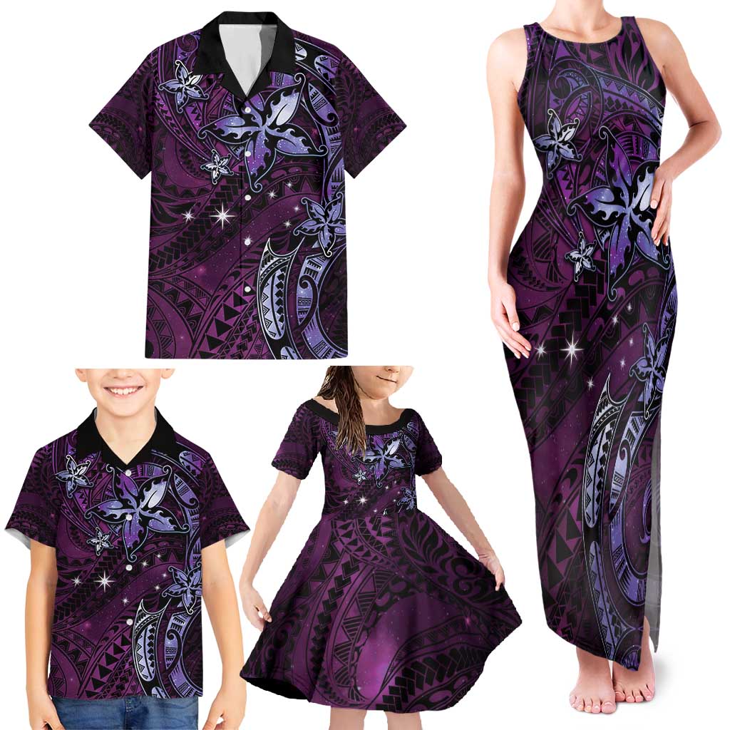 Hawaii Makahiki Season Family Matching Tank Maxi Dress and Hawaiian Shirt Floral Tribal Tattoo Purple Galaxy LT05 - Polynesian Pride