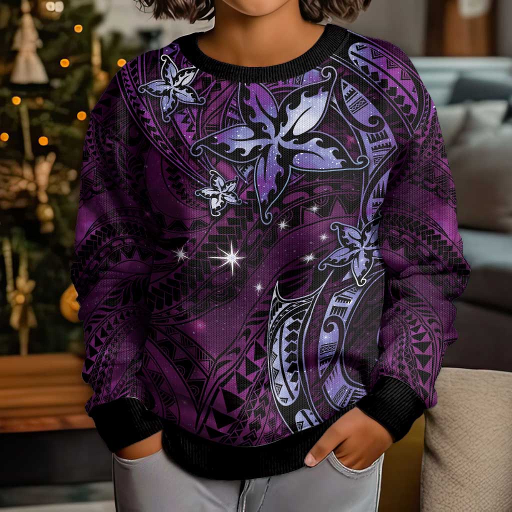 Hawaii Makahiki Season Kid Ugly Christmas Sweater Floral Tribal Tattoo Purple Galaxy LT05 - Polynesian Pride