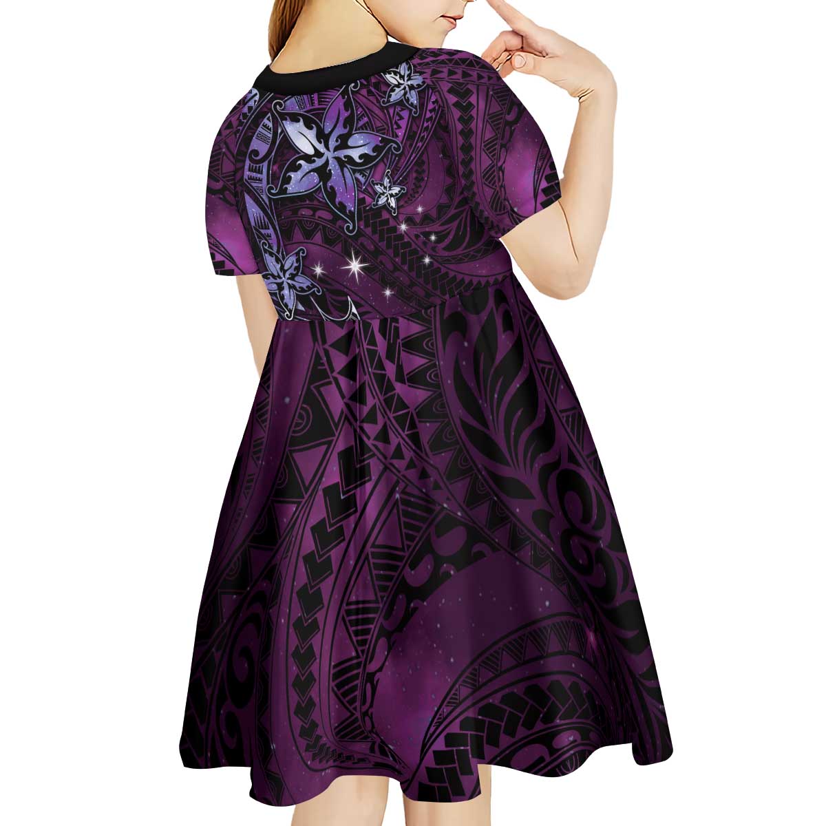Hawaii Makahiki Season Kid Short Sleeve Dress Floral Tribal Tattoo Purple Galaxy LT05 - Polynesian Pride