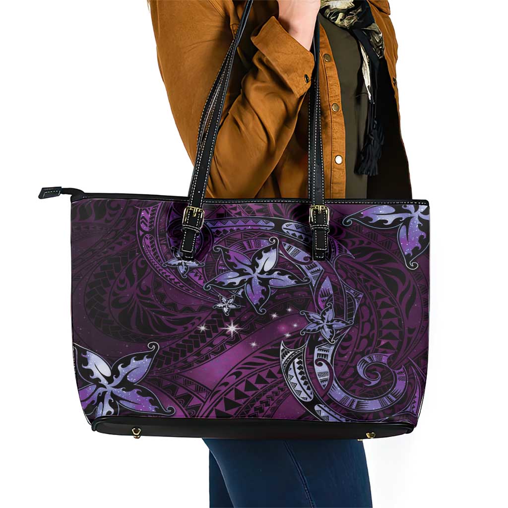 Hawaii Makahiki Season Leather Tote Bag Floral Tribal Tattoo Purple Galaxy LT05 - Polynesian Pride