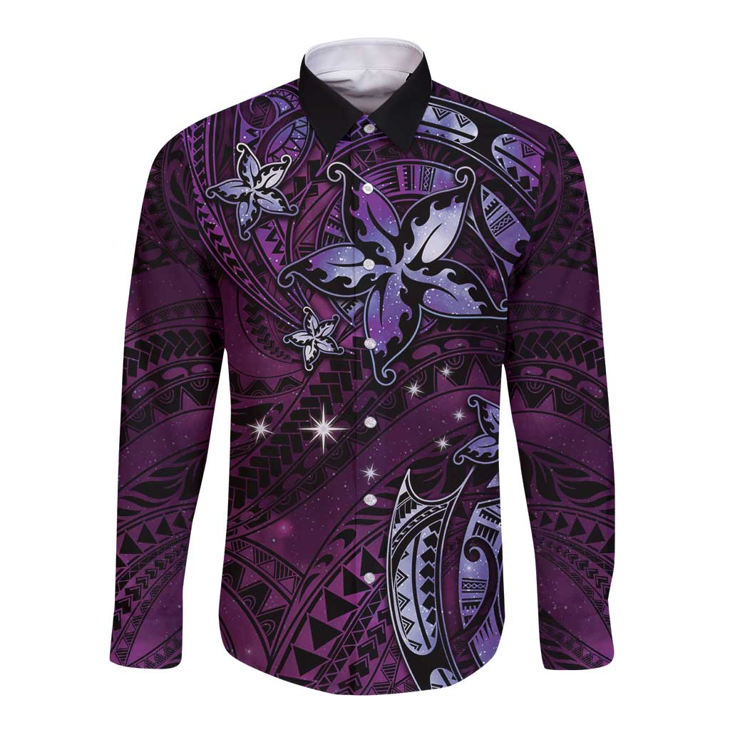 Hawaii Makahiki Season Long Sleeve Button Shirt Floral Tribal Tattoo Purple Galaxy LT05 Unisex Purple - Polynesian Pride