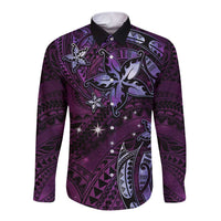 Hawaii Makahiki Season Long Sleeve Button Shirt Floral Tribal Tattoo Purple Galaxy LT05 Unisex Purple - Polynesian Pride